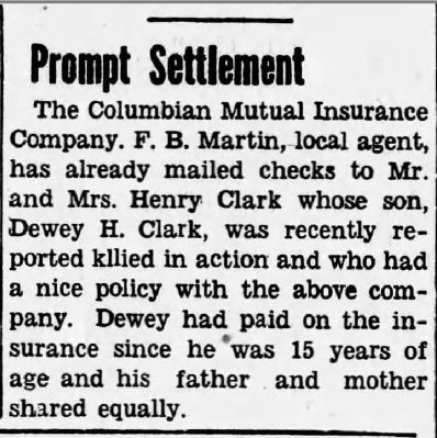 Pfc. Dewey H. Clark insurance